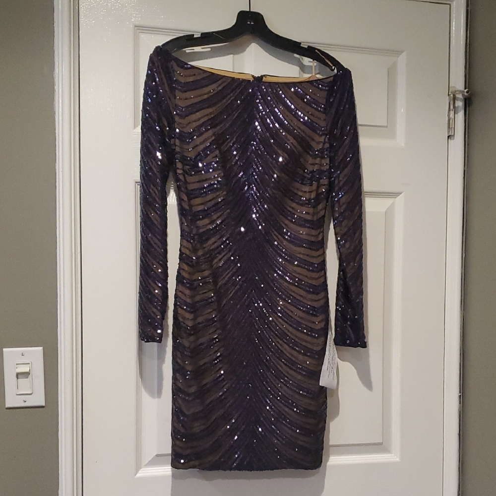Glamorous Off The Shoulder Long Sleeve Sequin Dress in Purple With Tan Lining